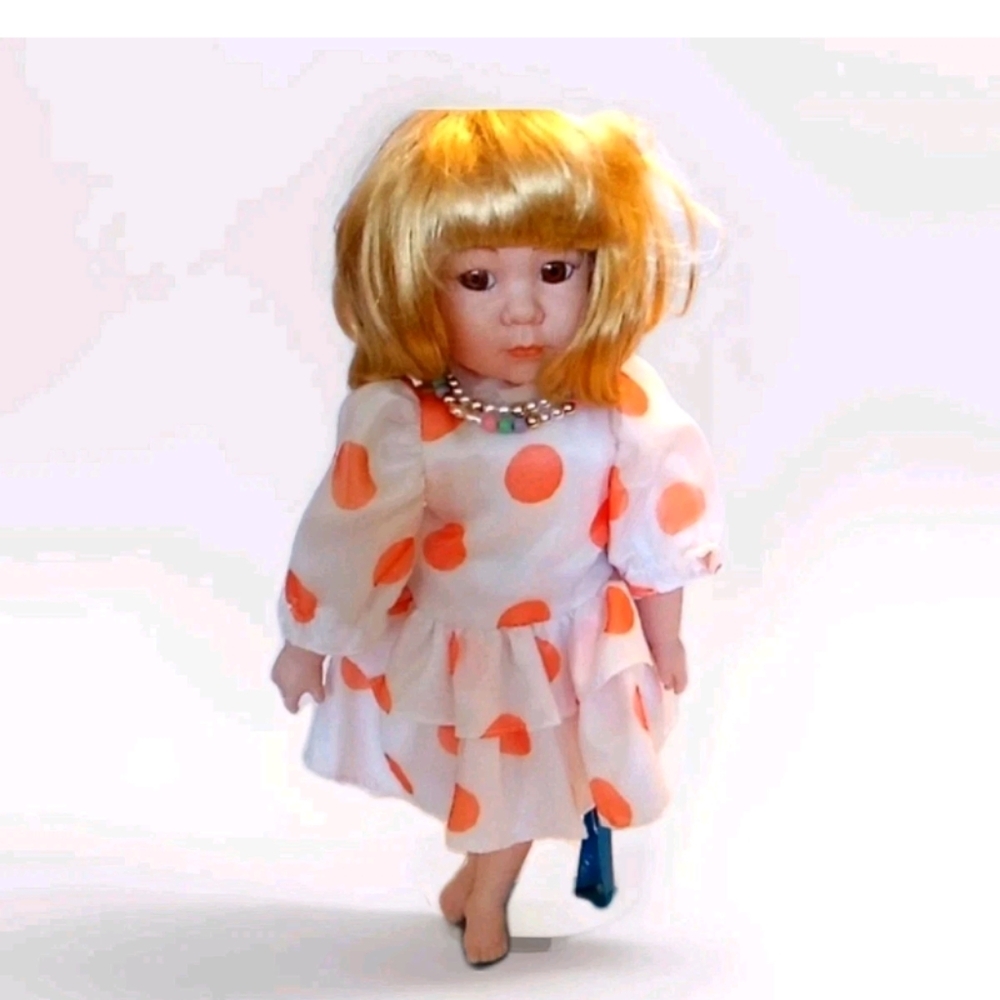 MARIAN YU PORCELAIN DOLL 15" LENGTH Polka Dot Dress Doll with Blonde Hair - Picture 2 of 9
